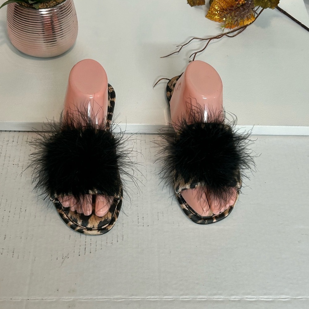 INC International Concepts Black Fuzzy Leopard Sandals